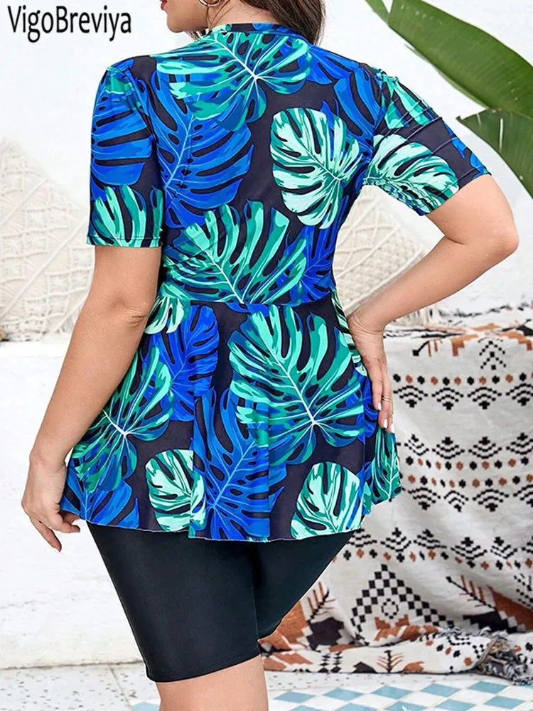 Women Two Piece Sets Swimsuit Print Short Sleeve Plus Size High Waist Curvy