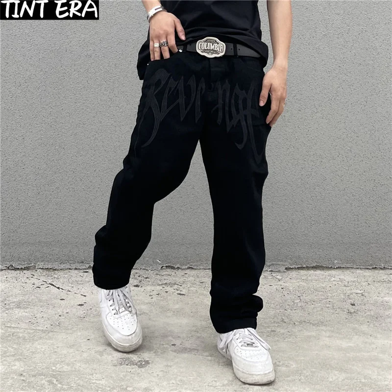 

TINT ERA Y2K Korean Men's Fashion Black Streetwear Embroidered Low Rise Casual Jeans Trousers Straight Hip Hop Denim Pants Male