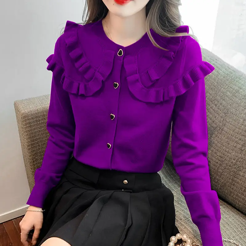 Women's Autumn Winter Fashion Elegant Round Neck Long Sleeved Solid Color Cardigan Casual Versatile Foreign Style Commuting Tops