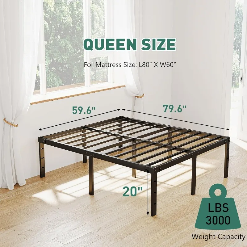 20 Inch Queen Size Bed Frame, Tall Metal Platform Base with Large Storage Space, Heavy Duty Steel Slats, Easy Assembly 3