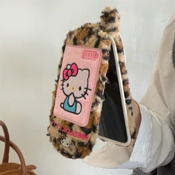 Leopard Fluffy Fur Flip Mobile Phone Case with Camera Lens Protection Frame - iPhone 15 (Khaki)