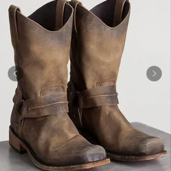 Stivali da cowboy retrò Donna Uomo Stivali da esterno a metà polpaccio Scarpe slip on vintage in PU Stivaletti gladiatore invernali Stivali lunghi marroni unisex 1