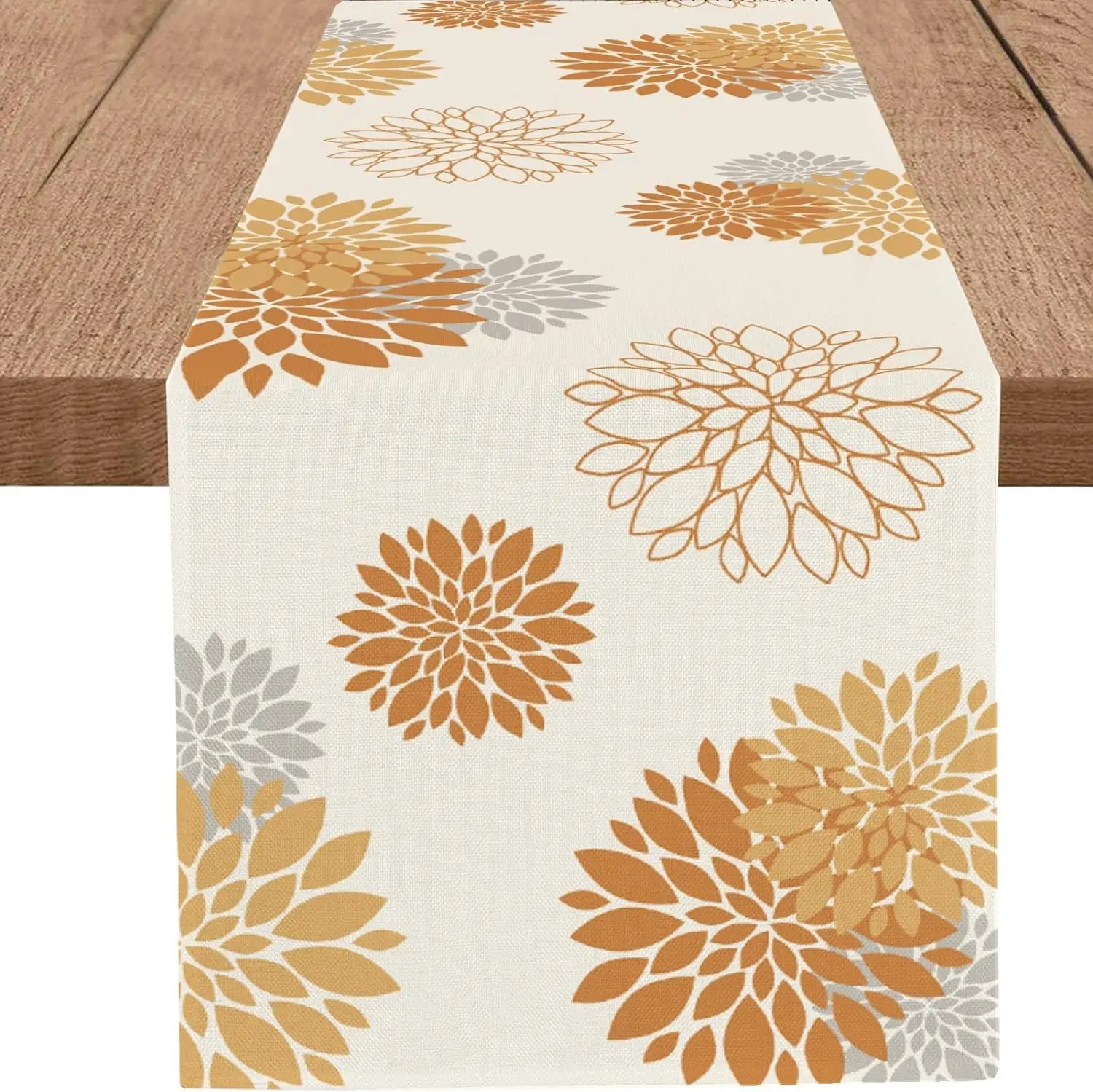 Blue Gray Dahlia Linen Table Runner - Farmhouse Style Holiday Decoration