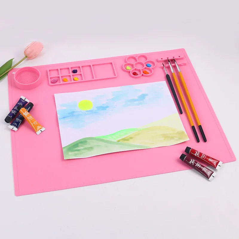 Silicone Painting Mat Kids Art Crafts Pads with Cup and Paint Brush Holder Palette DIY Handmade Mat 3