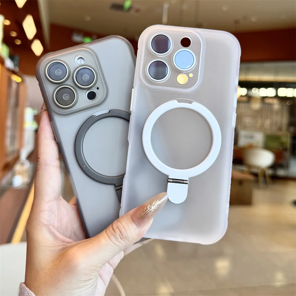 Luxury Matte Translucent Magnetic Ring Stand Phone Case with Lens Protection and Shockproof Design