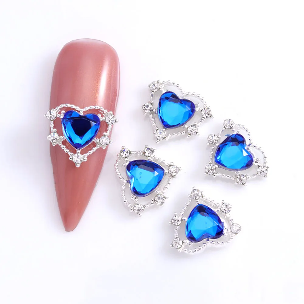 10PCS/Bag Metal Heart Nail Art Charms Diamond Gold/Silver Alloy Luxury Pearl Red/Blue/Pink/Clear Decorations Rhinestones Jewelry