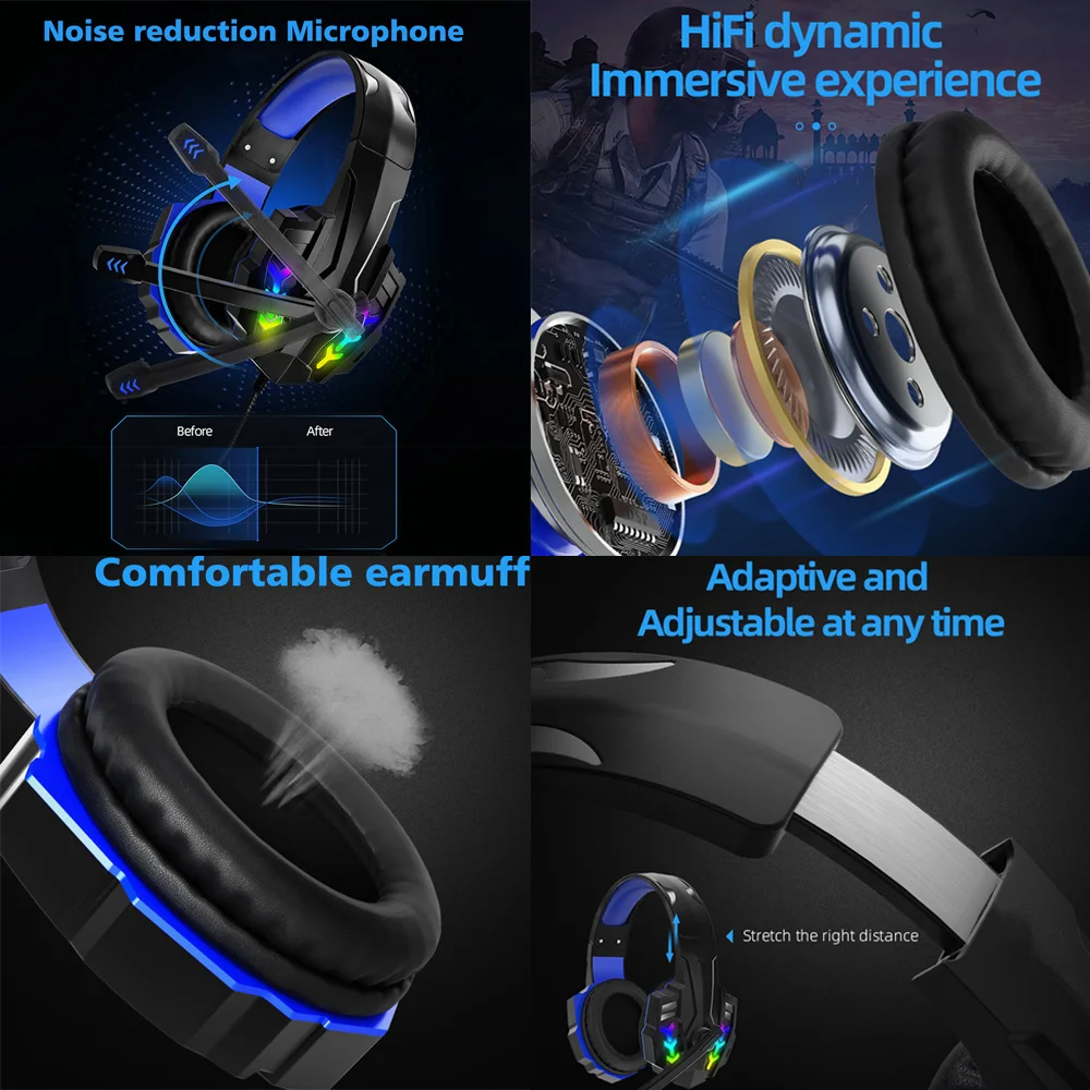 Gaming Headset with Noise Canceling 3.5MM RGB Game Headphone For PS4 PC Xbox One Laptop Earphone With Microphone LED Light