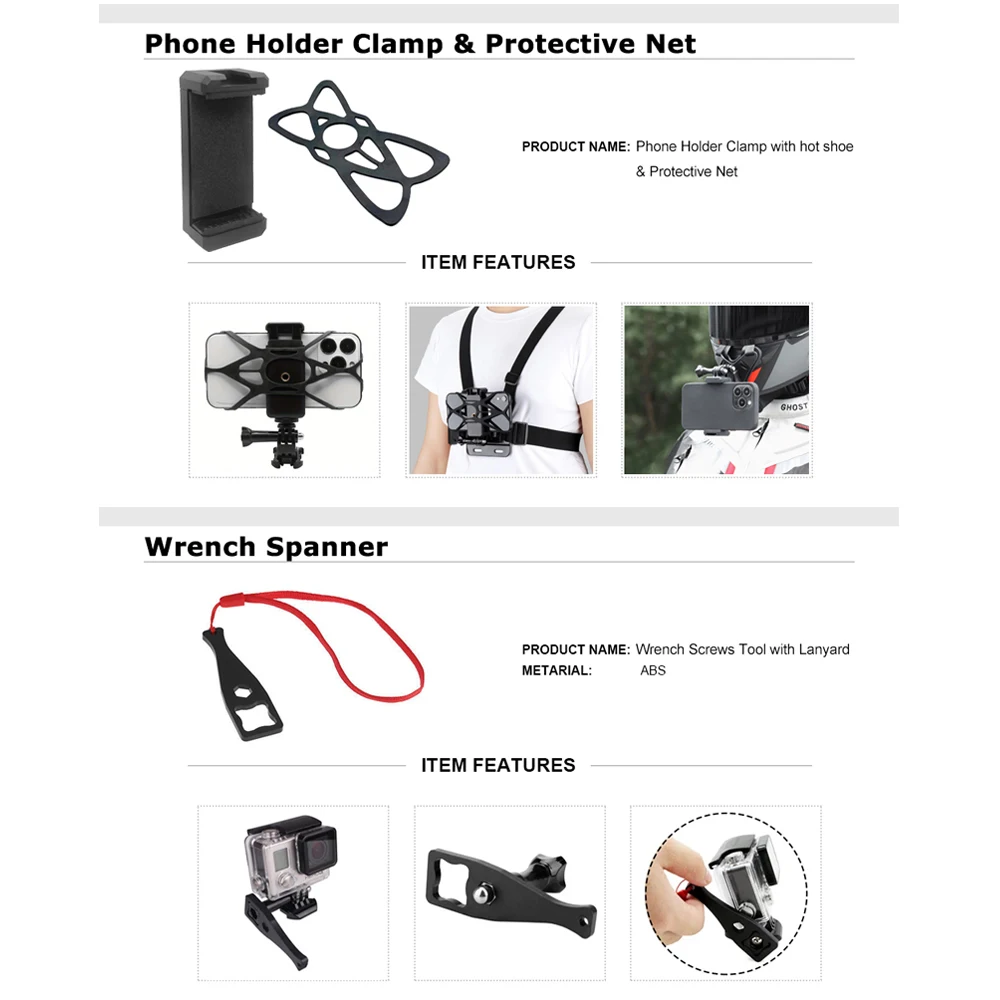 Accessories Kit Motorcycle Chest & Helmet Chin Strap for GoPro Hero 13 12 11 10 9 8 Insta360 SJCAM DJI Osmo Action Camera Phone