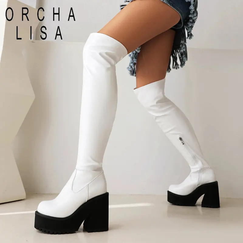 

ORCHA LISA Brand Women Stretch Boots Round Toe Block Heel 10.5cm Platform 4cm Zipper Sexy Party Thigh Booties Large Size 42 43