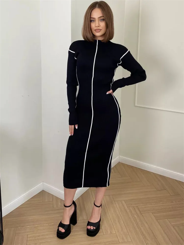 Patchwork Casual Knit Maxi Dress For Women Contrast Ribbed High Waist Slim Elegant Party Dress Female Knitwear Long Dress
