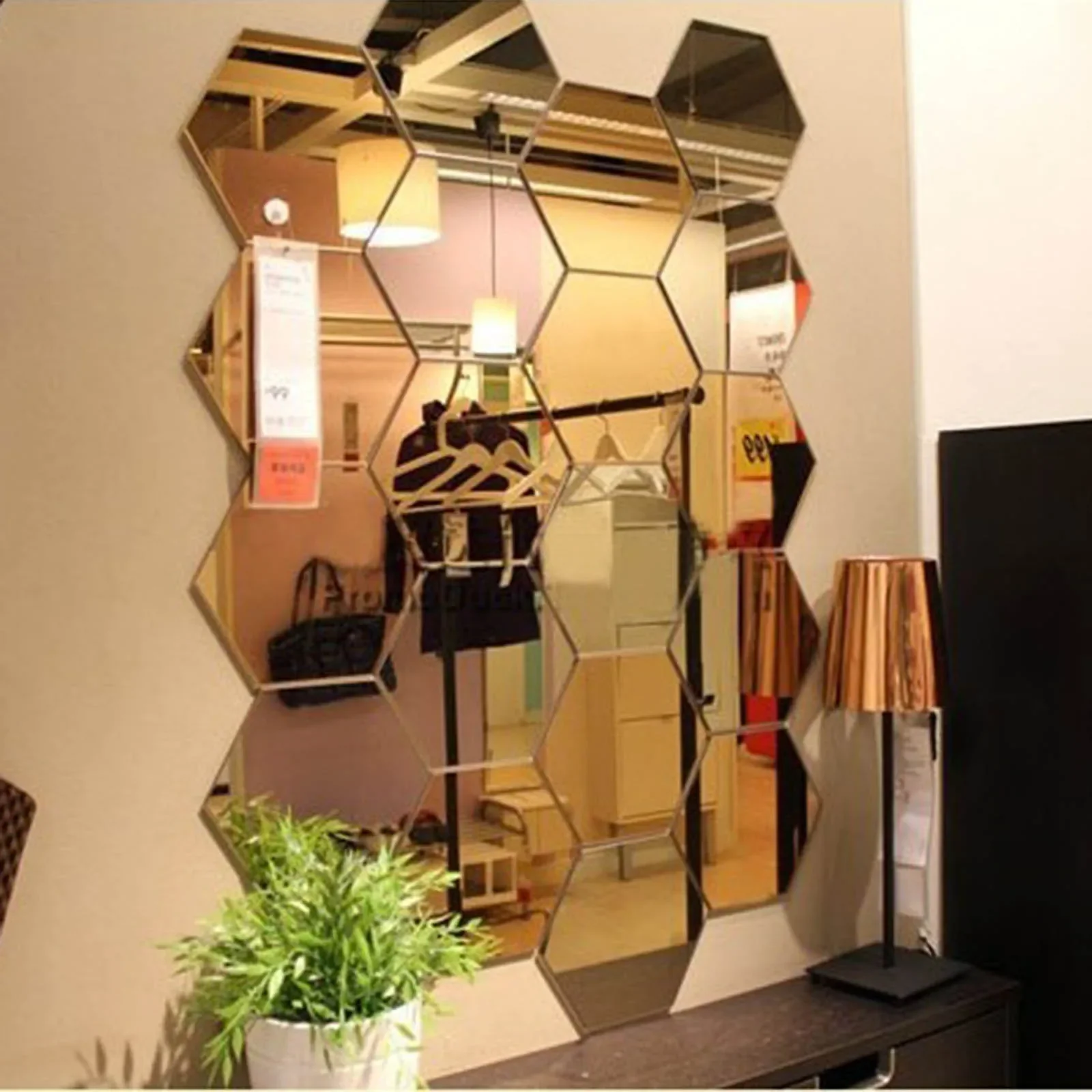 6/12PCS 3D Mirror Wall Stickers Hexagon Decals