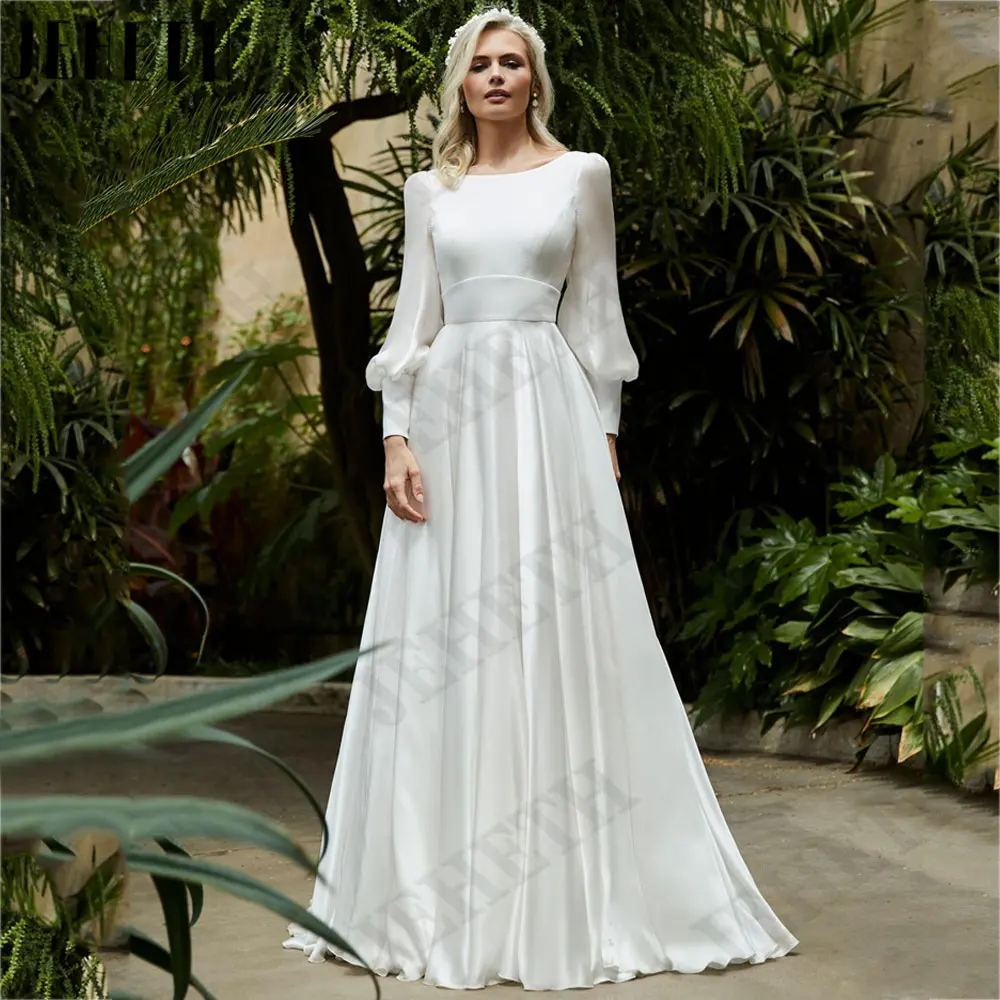 

JEHETH A-Line Scoop Neck Satin Bride Dresses Full Puff Sleeves Backless Wedding Gown Custom Made vestido de noiva casamento 2024