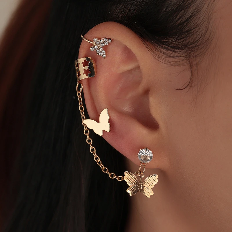 Women's Butterfly Stud Earrings Fashion Hollow Chain Set Ear Clip Jewelry