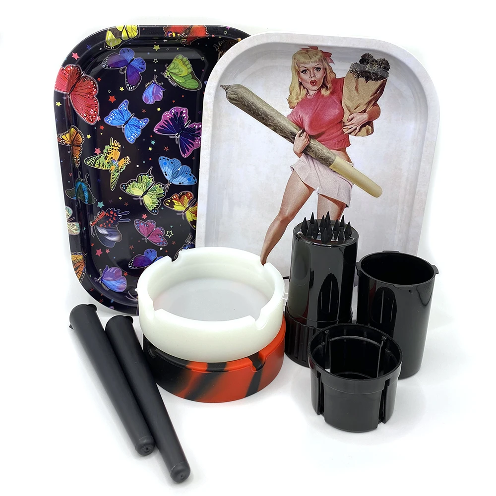 Tobacco Metal Rolling Tray Cigarette Plastic Grass Grinder Storage Tube Container Silicone Round Ashtray Smoking Set 6