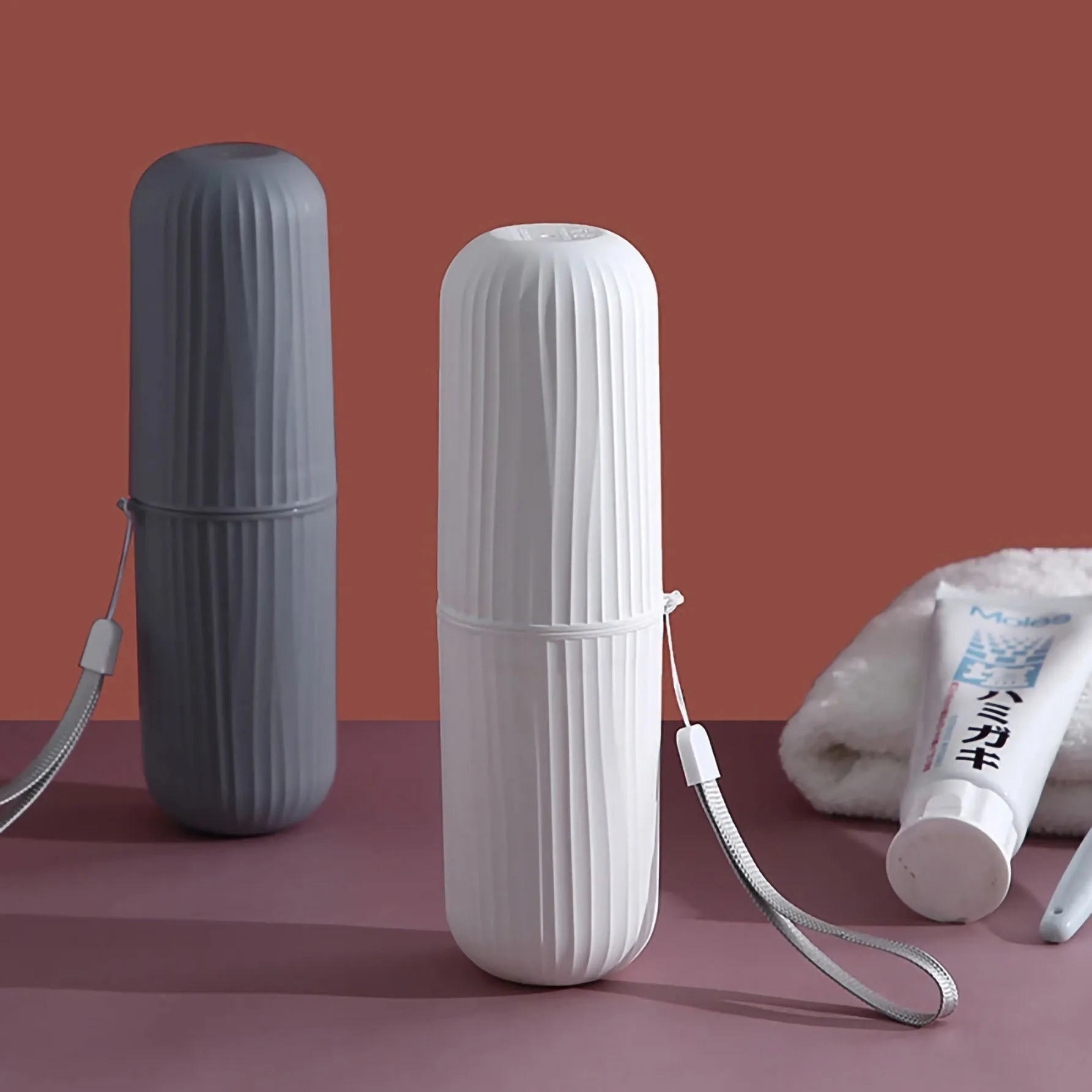 1pc Portable Travel Toothbrush Storage Kit With Gray Case Including Creative Simple Design Wash Cup And Hanging Rope