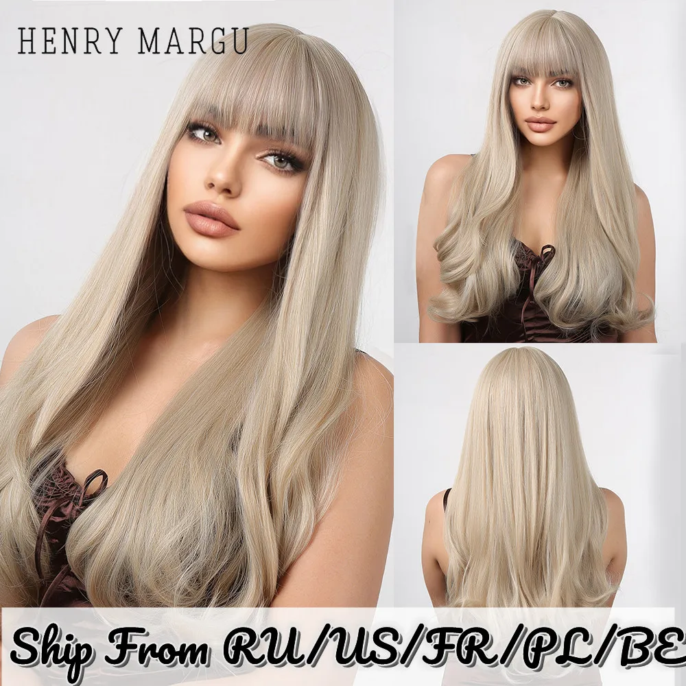 HENRY MARGU Long Wavy Platinum Blonde Synthetic Wigs for Women Natural Hair With Bangs Daily Cosplay Heat Resistant Straight Wig