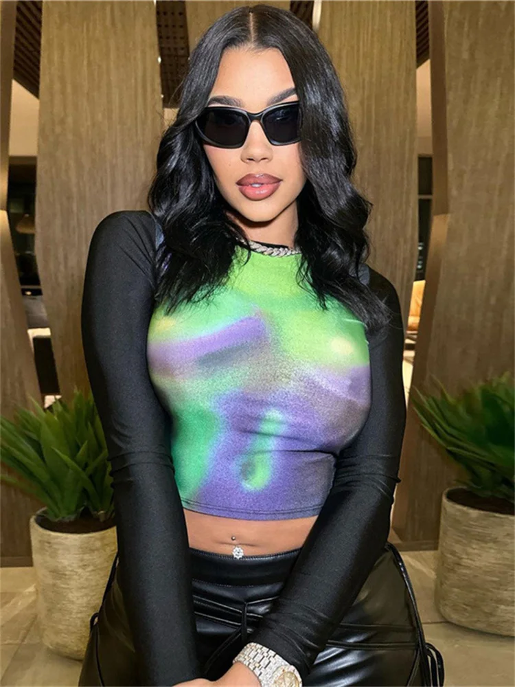 

Женские уличные Топы Y2K, одежда для женщин 2023, укороченные топы с круглым вырезом и длинным рукавом, черные футболки с графическим принтом, женские рубашки QY1033