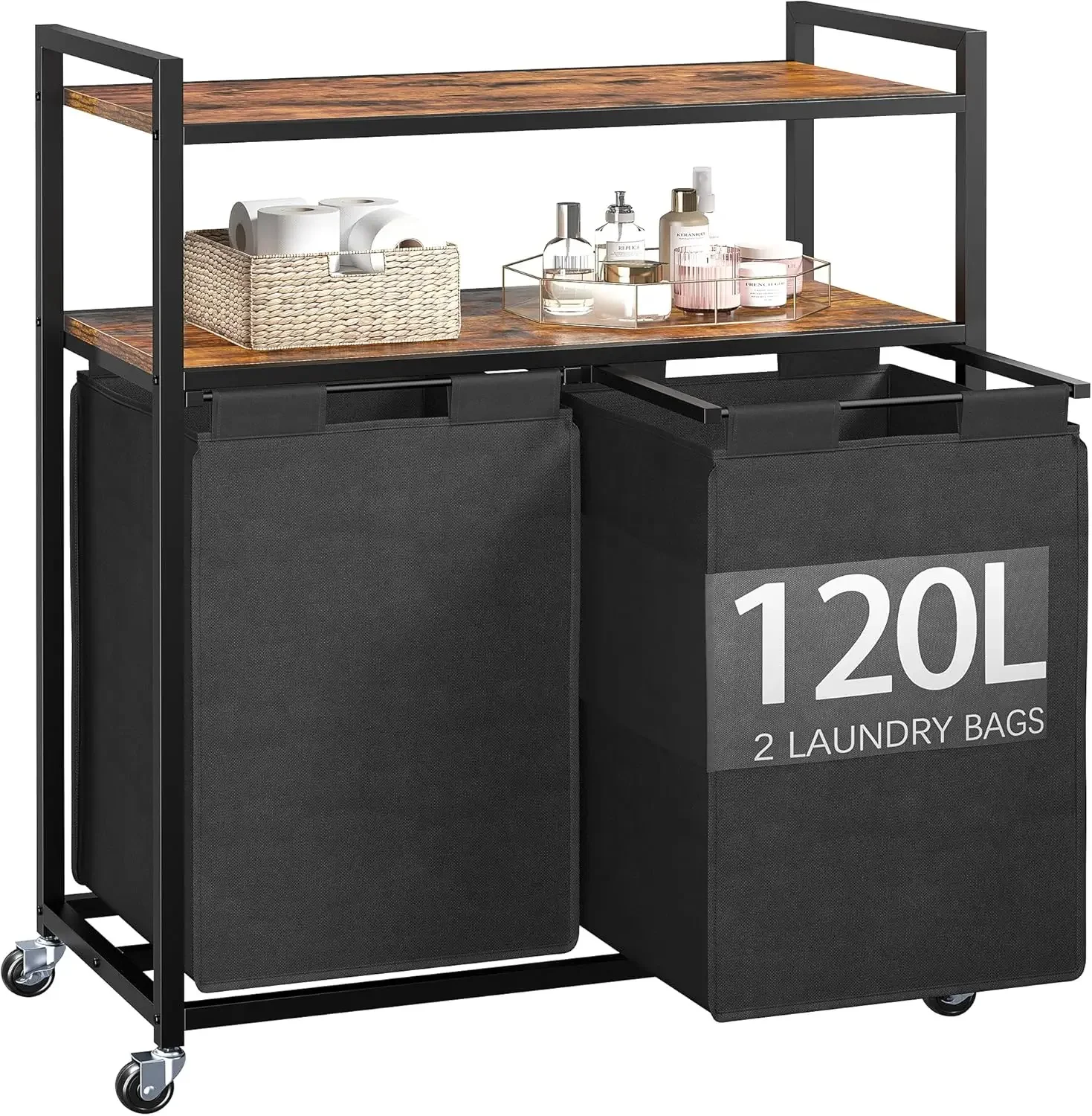 Laundry Hamper,120L Laundry Basket with Wheels,large Double Hamper With Shelf, Rolling Basket Organizer