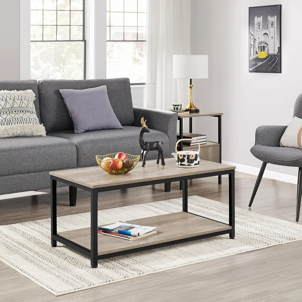 Coffee Table with Storage Shelve, Industrial Gray Coffee Table, Easy Assembly, Wooden Coffee Table for Living Room Small Space 4