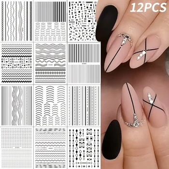 12-piece self-adhesive glossy black and white stickers - 3D stripes and geometric patterns, easy-to-apply DIY nail stickers, 1