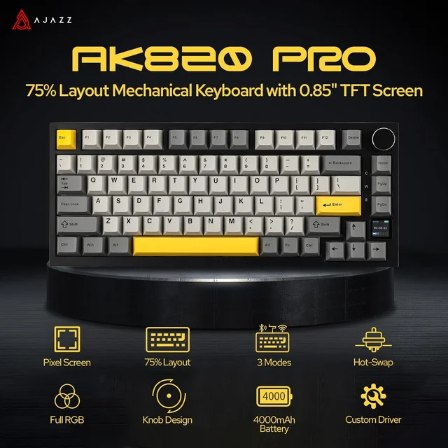 Ajazz AK820 Pro Gaming Mechanical Keyboard Bluetooth/ Wireless/Wired Customized Keyboard with TFT Color Screen Knob 136 Keycaps 1