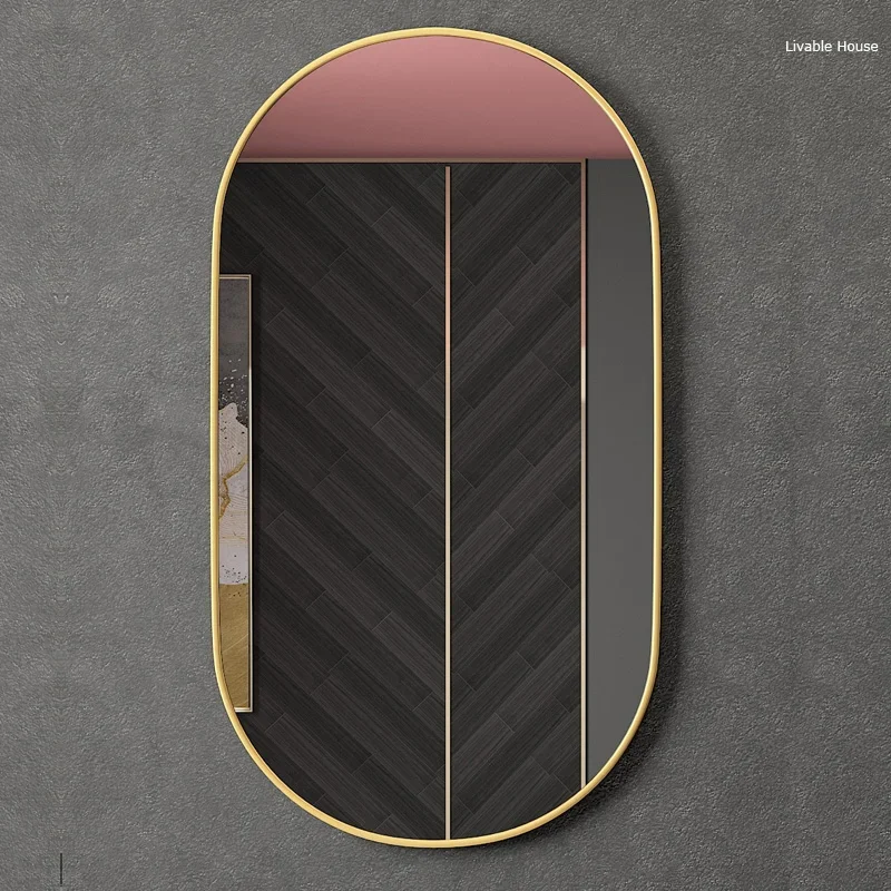 Golden Oval Bath Mirrors Wall Mounted Toilet Dressing Table Makeup Mirror Aluminum Alloy Bathroom Mirror Bathroom Home Decor 2