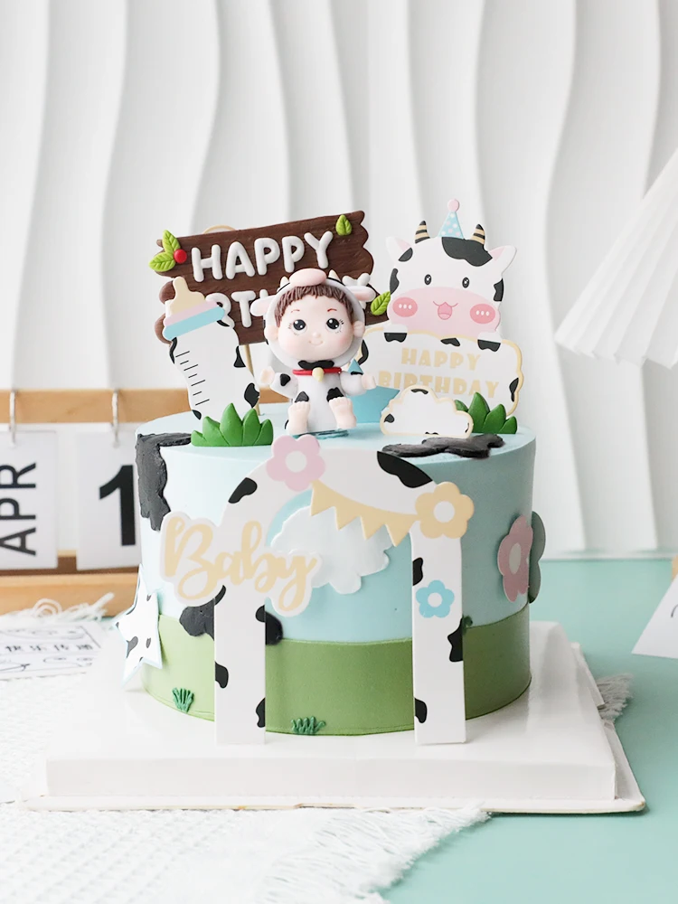 

Baby Cow's Happy Boy Birthday Cake Topper Decoration Cartoon Cute Party Dessert Table Soft Ceramic Card Plugin Baking Supplies