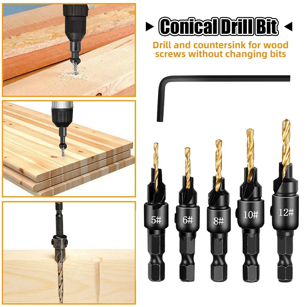 4/5PCS 5#-12# Conical Countersink Drill Woodworking Drilling Pilot Holes HSS Universal Counterbore Cutter Screw Hole Drill