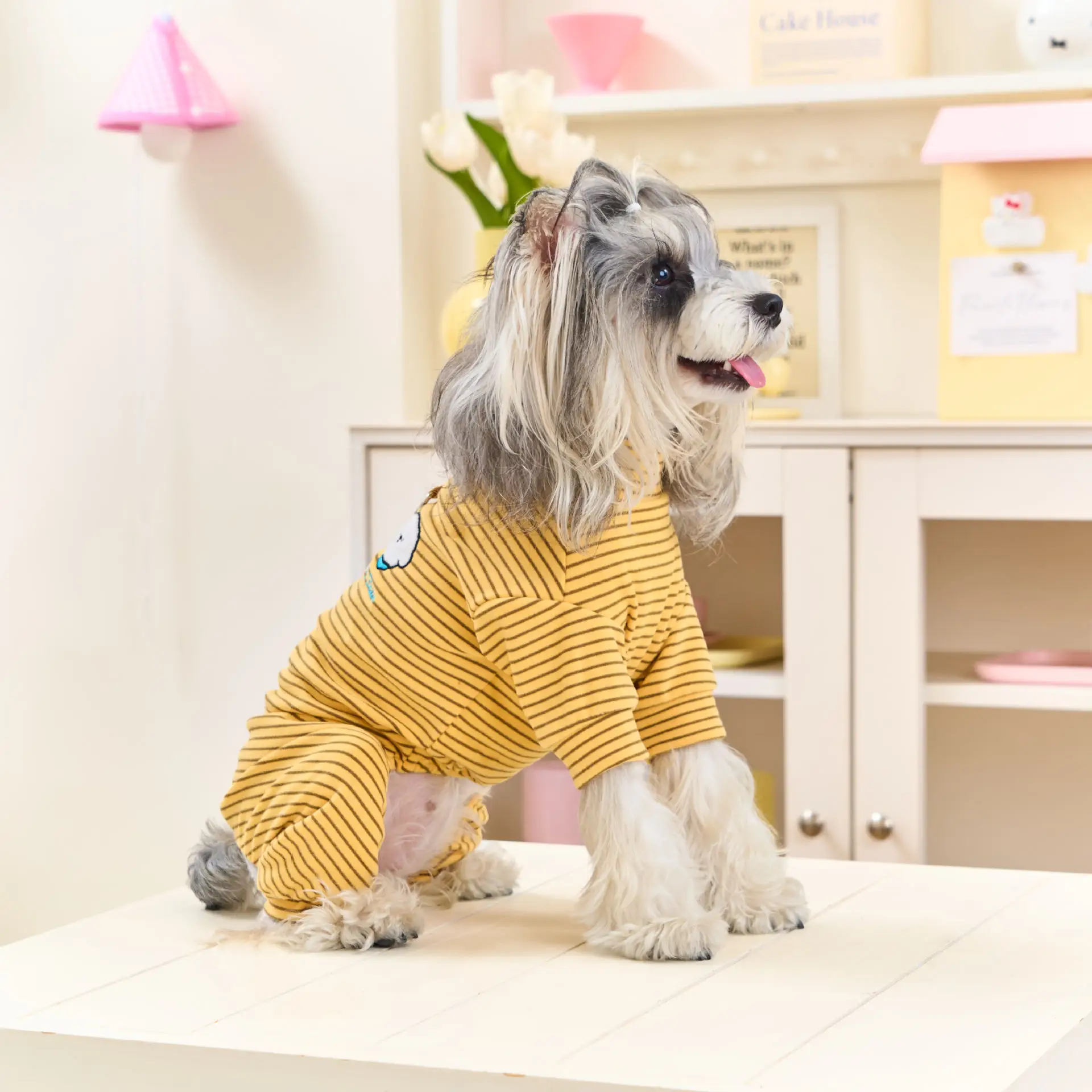 Dog Cat Clothes, Polar Fleece Striped Bodysuit, Four-Legged Winter Pajamas For Small Medium Dogs_voghion.com