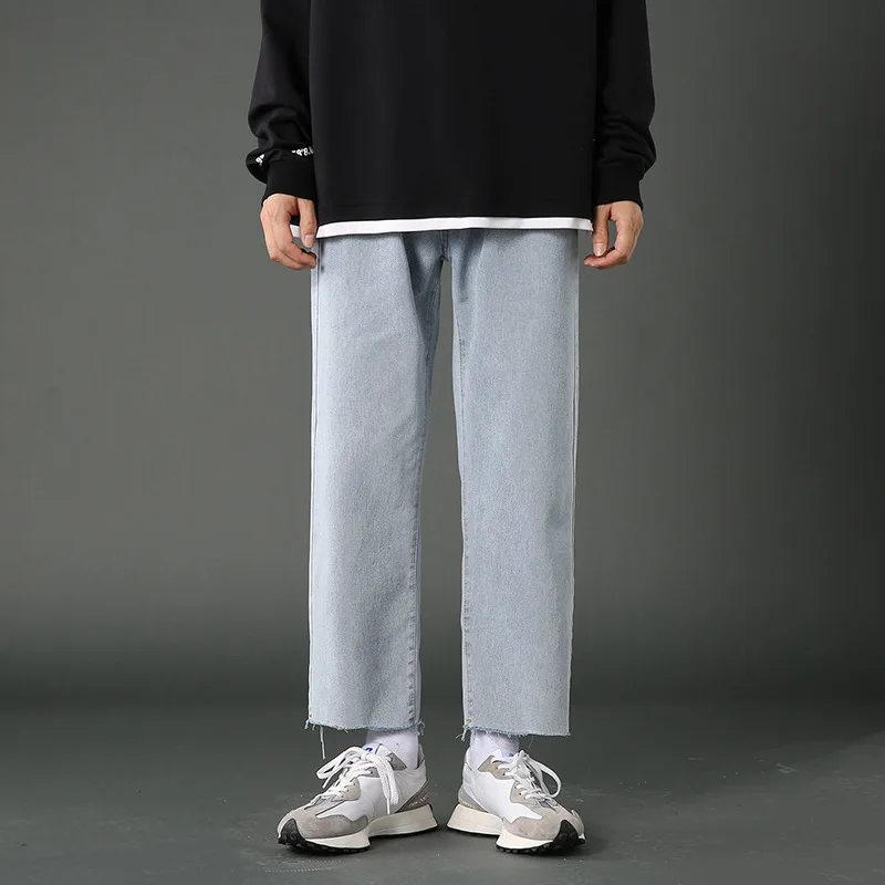 Jeans men's pants spring and autumn loose straight leg cropped casual pants trend streetwear men