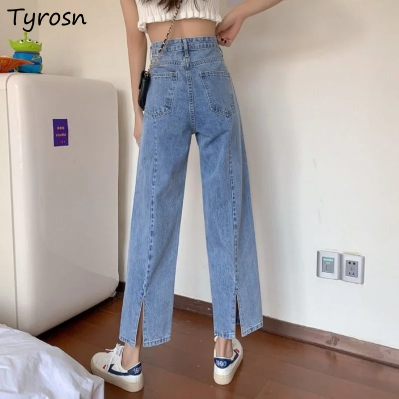 

Women Jeans Fashion Chic Korean Style High Waist Retro Straight Trouser Ins Spring Females Denim Vintage All-match Behind-slit