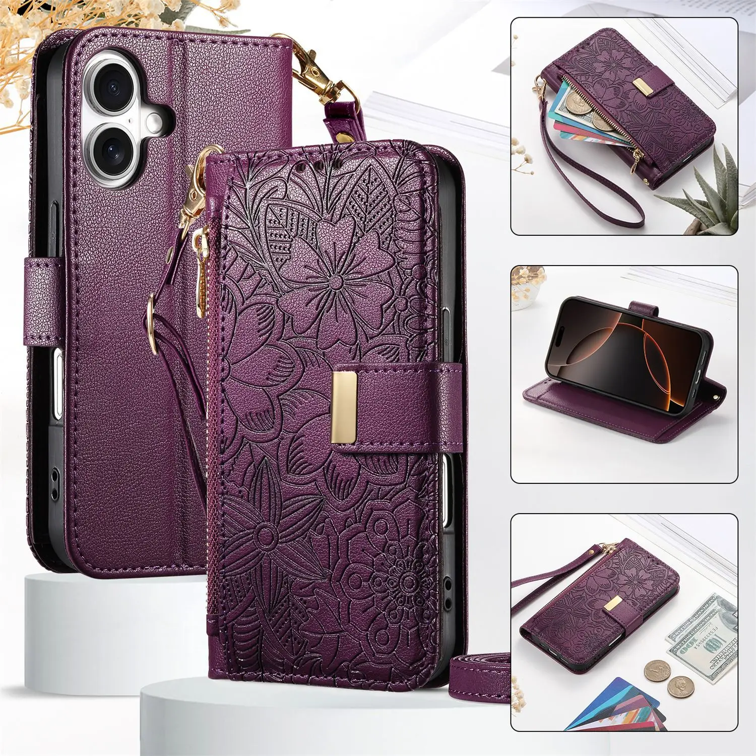 Luxury Leather Crossbody Wallet Case with Zipper and Lanyard - Multi-Card Wristlet Flip Cover
