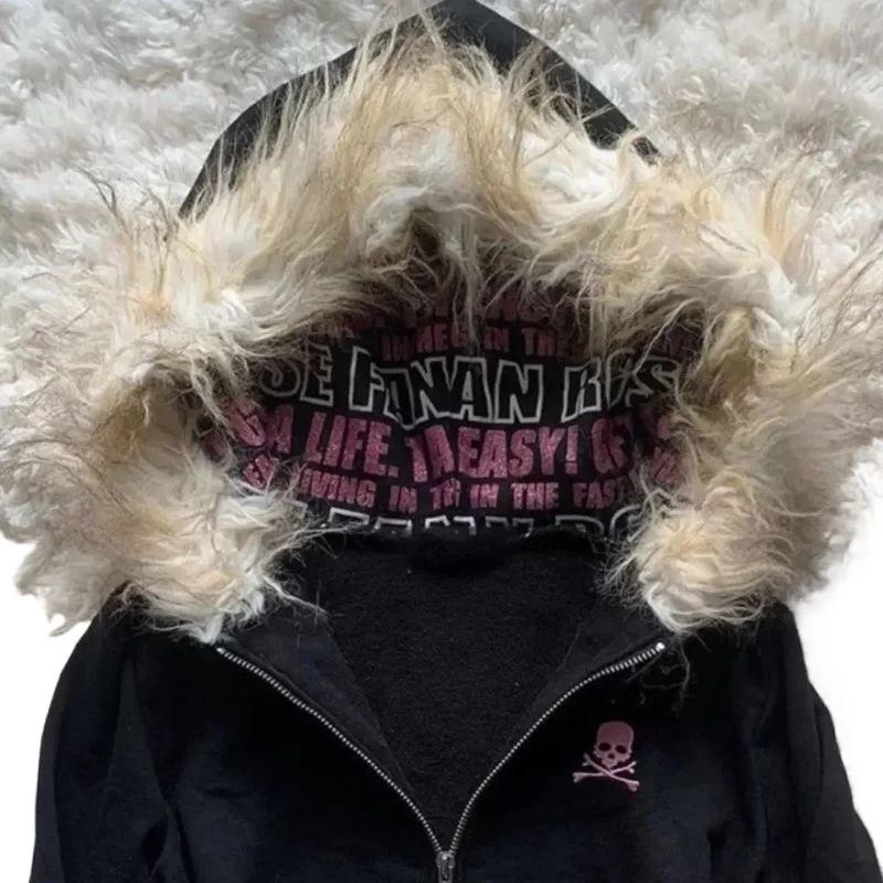 High street retro women hooded winter new item Harajuku multifunctional long sleeved wool warm zipper Gothic Y2K long sleeved
