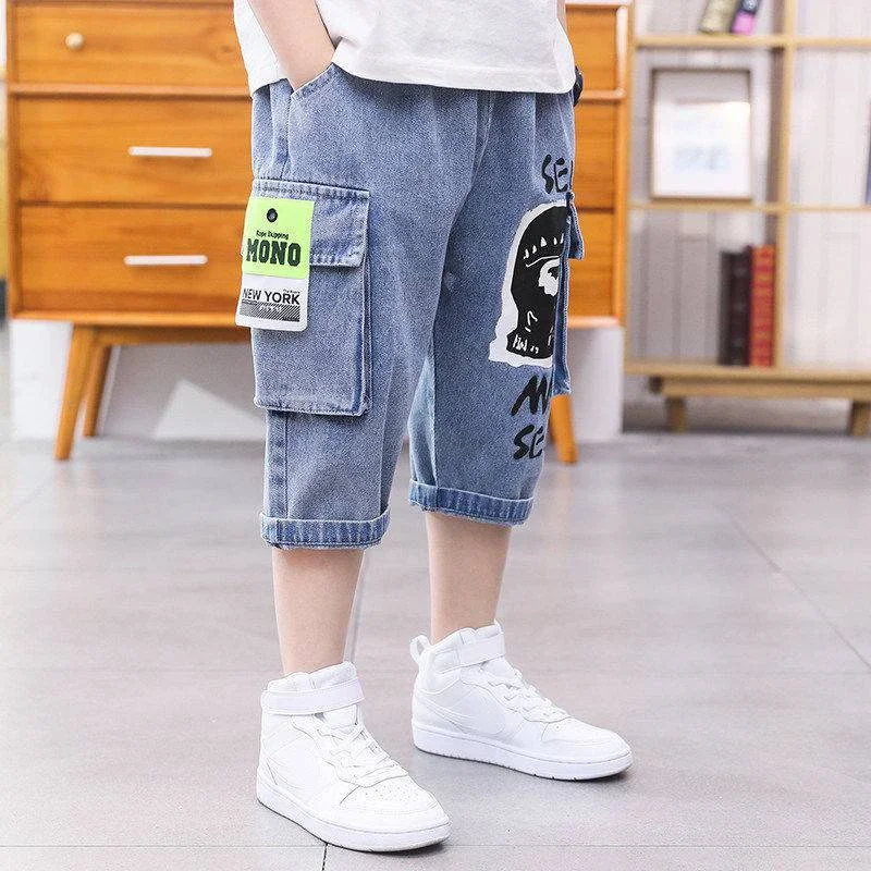 

2023 Summer Boys Cargo Shorts Children Loose Straight Casual Short Pants Elastic Waist Handsome Knee Length Jeans