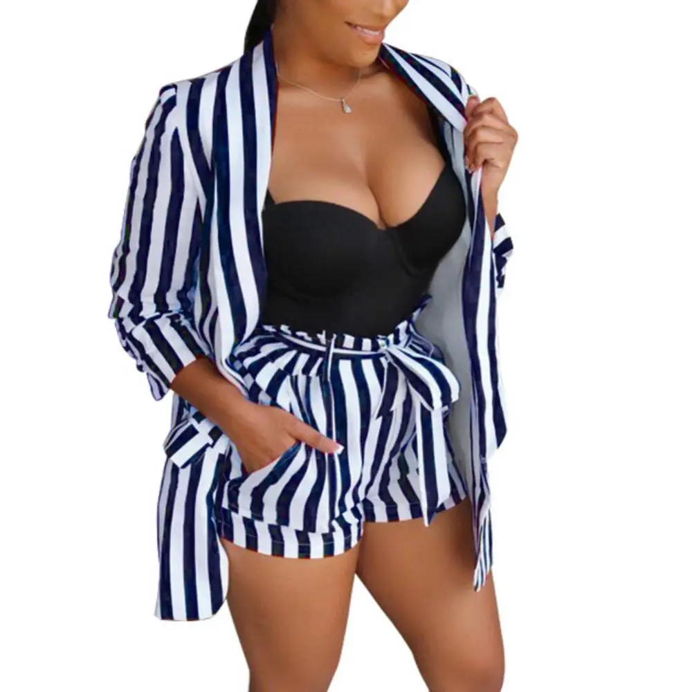 

2Pcs/Set Women Outfit Short Suits Set Sexy Stripe Lapel Button Pockets Jacket Shorts Suit Summer Women Blazer Coat