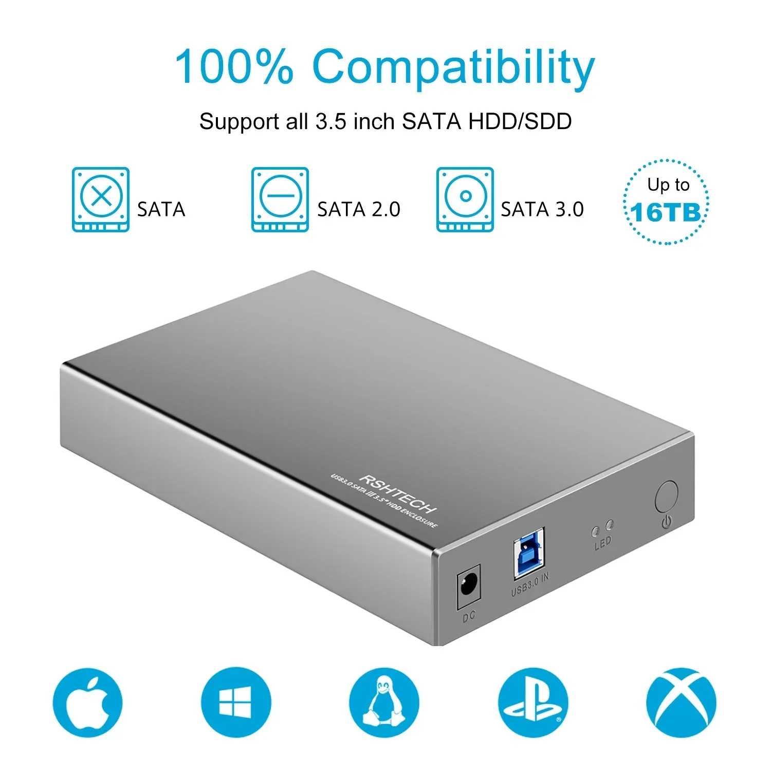 RSHTECH 3.5'' HDD Case 5Gbps USB C to SATA External Hard Drive Enclosure UASP Automatic Sleep for 3.5 inch SATA I/II/III HDD SSD