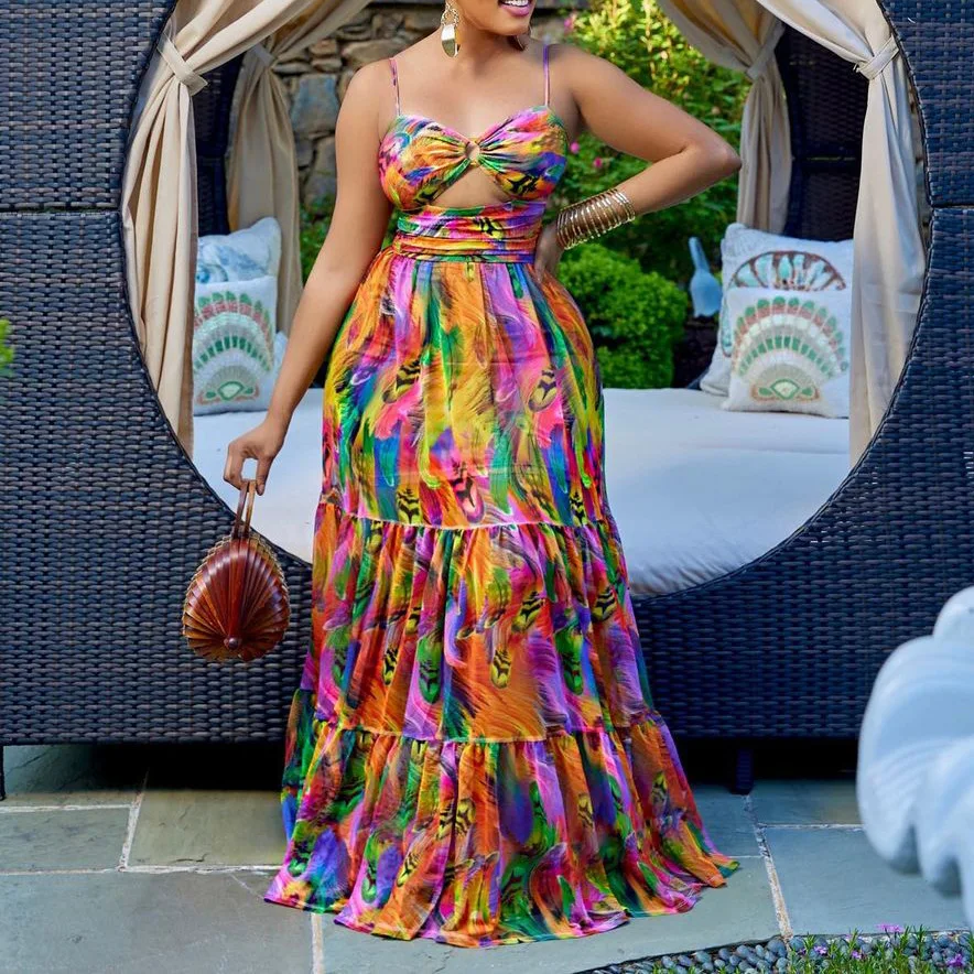 Plus Size Women 5xl Dress Tie Dye Hollow Out Elegant Dress 2022 Summer Lady Sleeveless Party Robe Female Luxury Wholesale Cloth