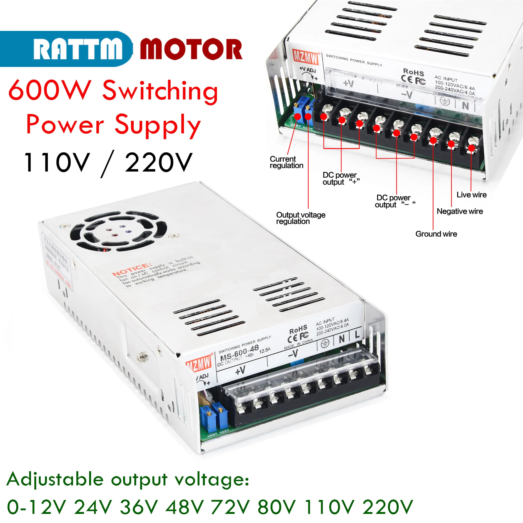 Mzmw-fonte de Alimentação do Interruptor Ms600 600w 5v 12v 24v 36v 48v 60v 72v 80v 110v 220v Única Saída Ms60036