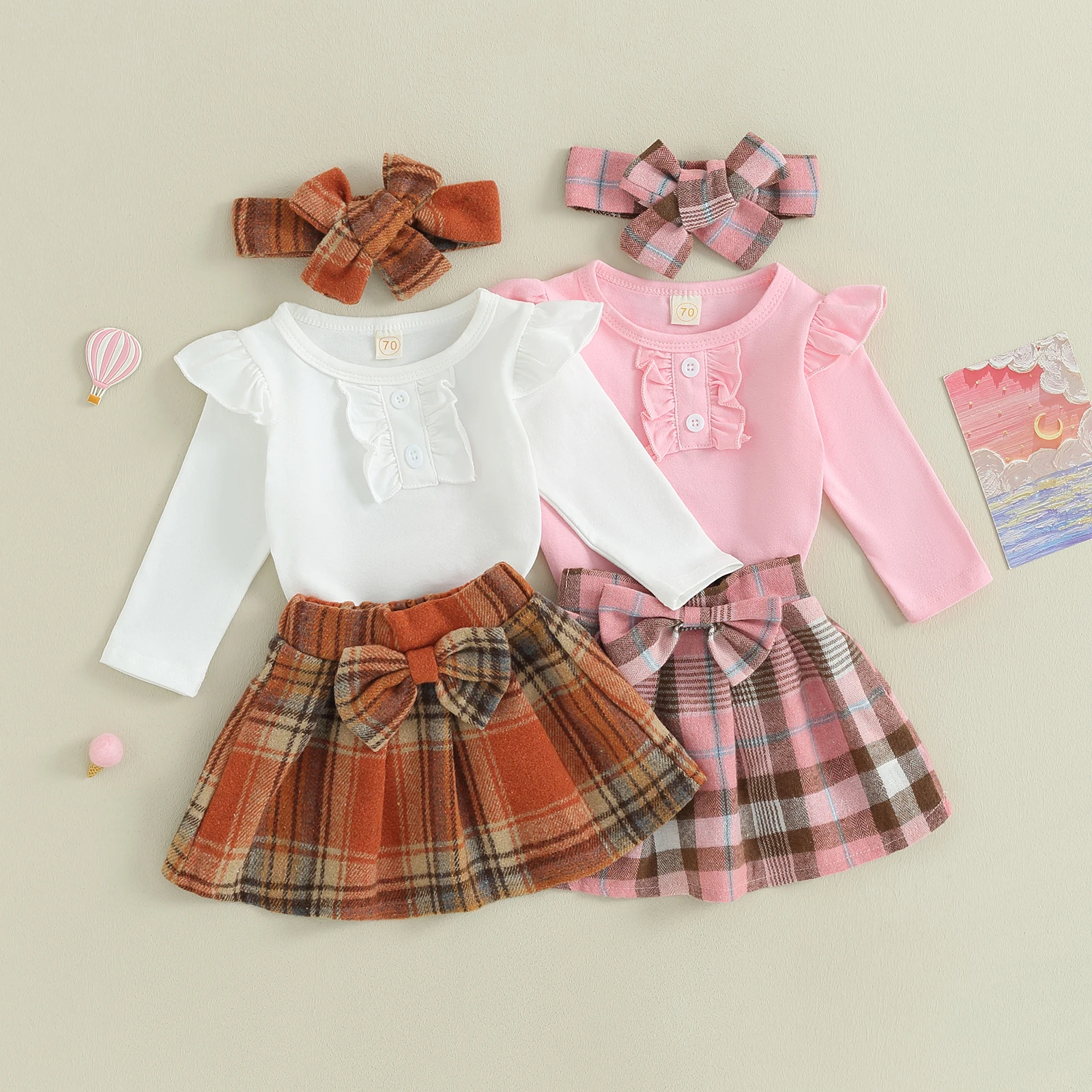 

Kid Girl Fall Spring 3Pcs Outfit Set Flying Sleeve Button Romper Plaid Print A-Line Skirt Headband Set Sweety Baby's Sets