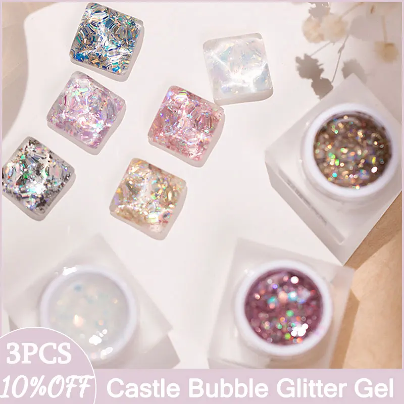 

MUSELUOGE 6color/set Castle Bubble Glitter Gel Nail Polish 8g Broken Diamond Glitter Semi Permanent Soak Off UV Led Nail Art Gel