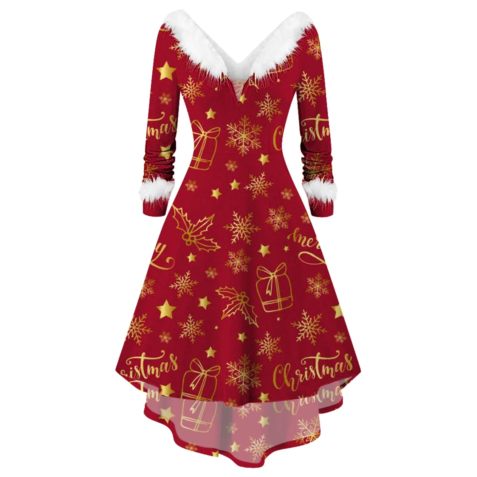 

Модное рождественское платье с V-образным вырезом и принтом, женские осенне-зимние платья с пушистым воротником, женские Асимметричные трапециевидные платья с длинным рукавом