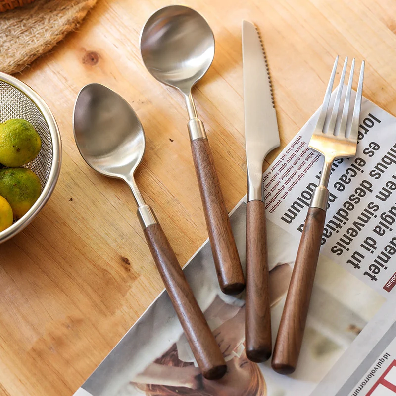 

Walnut Wood Handle Cutlery 304 Stainless Steel Tableware Kitchen Knife Fork Spoon Dinnerware Set Restaurant Tableware Set