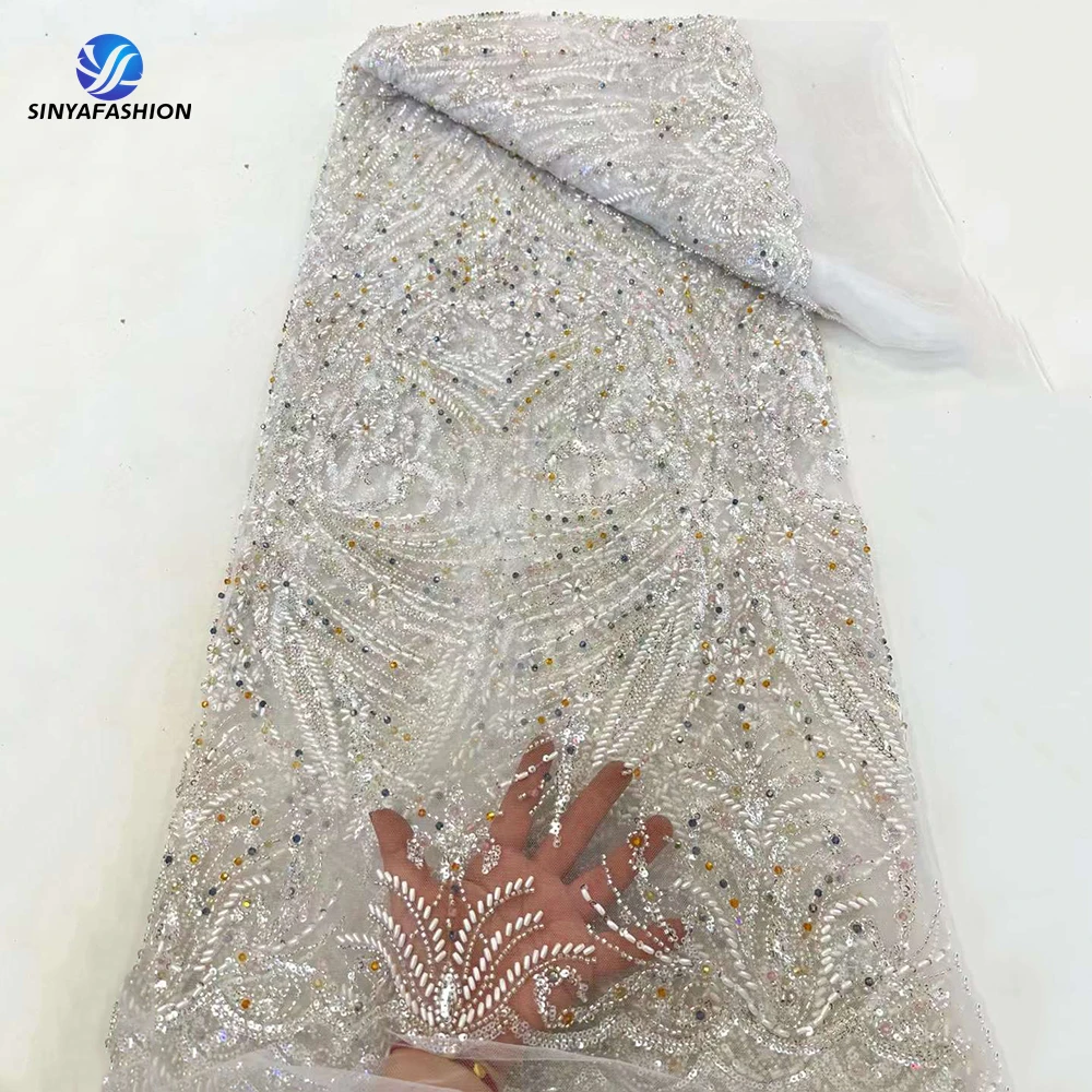 

Sinya Diamond Beads African Sequins Lace Fabric High Quality Nigerian Luxury Beaded French Embroidery Mesh Lace For Women Dress