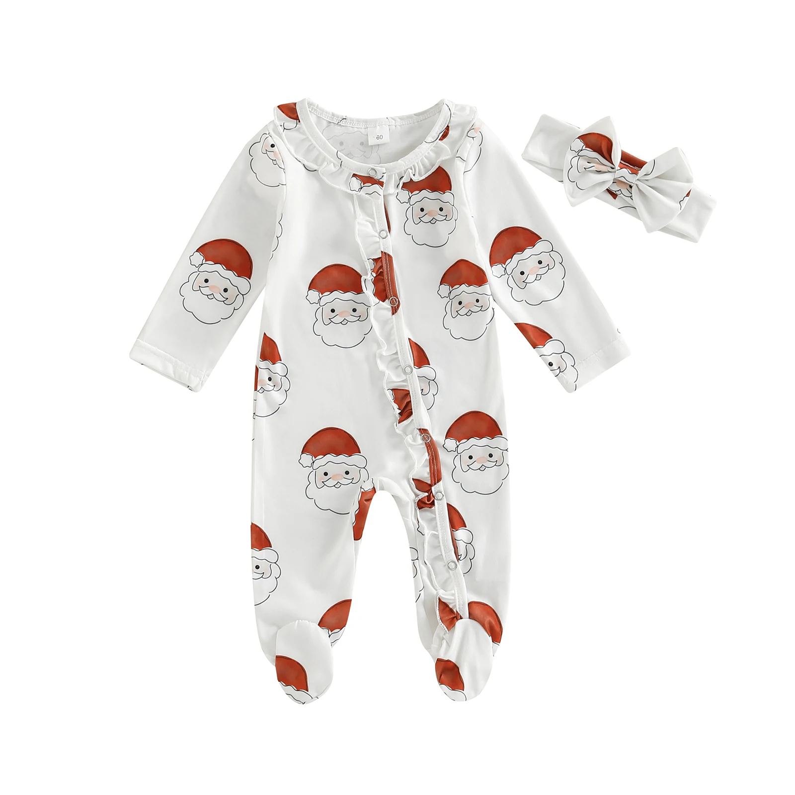 Citgeett Autumn Christmas Newborn Baby Girls Jumpsuits Outfit Printed Long Sleeves Footed Romper and Headband Set