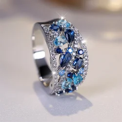 Royal Blue Crystal Water Drop Stone Vintage Silver Engagement Ring - 8 (Silver Blue)