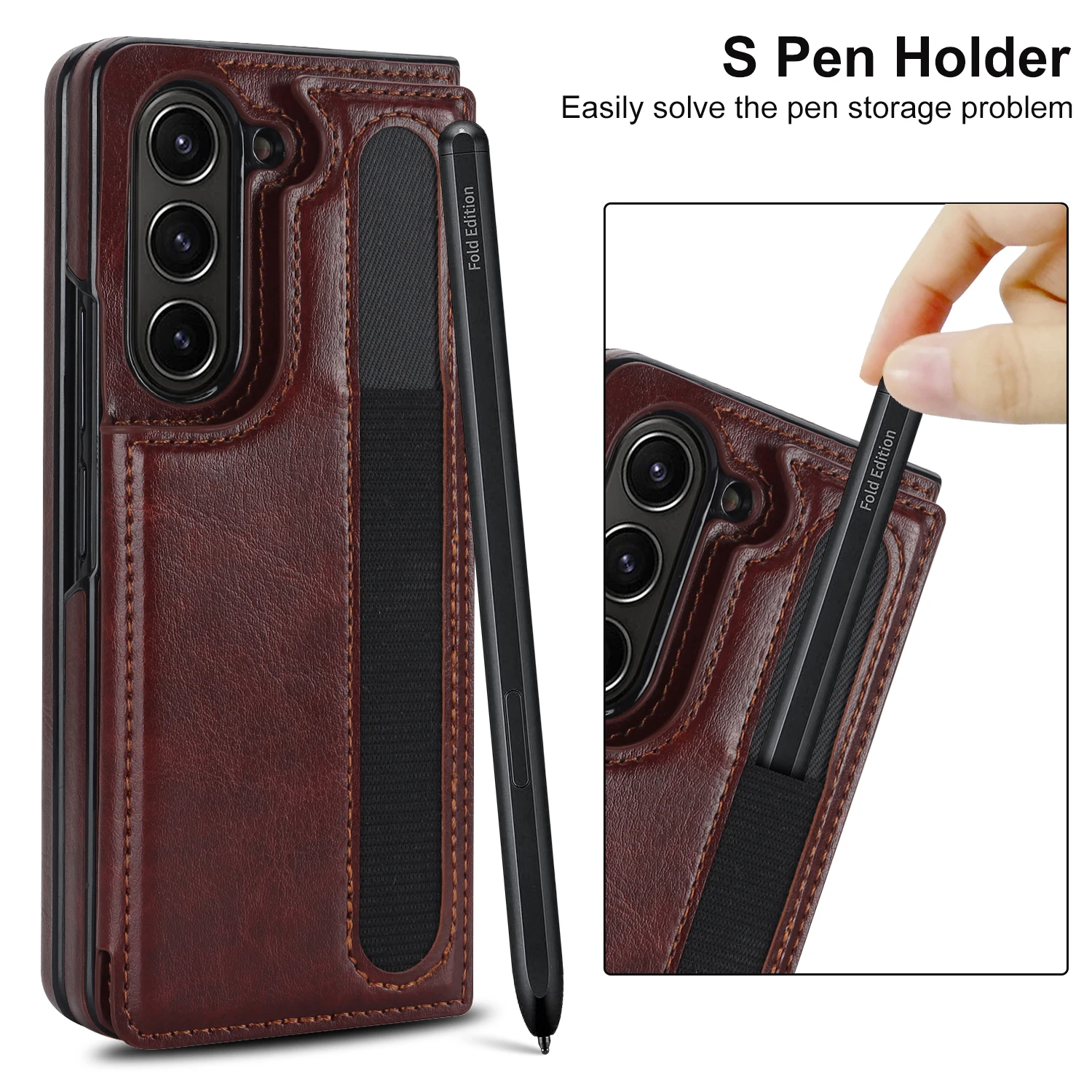 Leather Wallet Phone Case with Card Holder and Double Buckle, Pen Slot, Protective Design