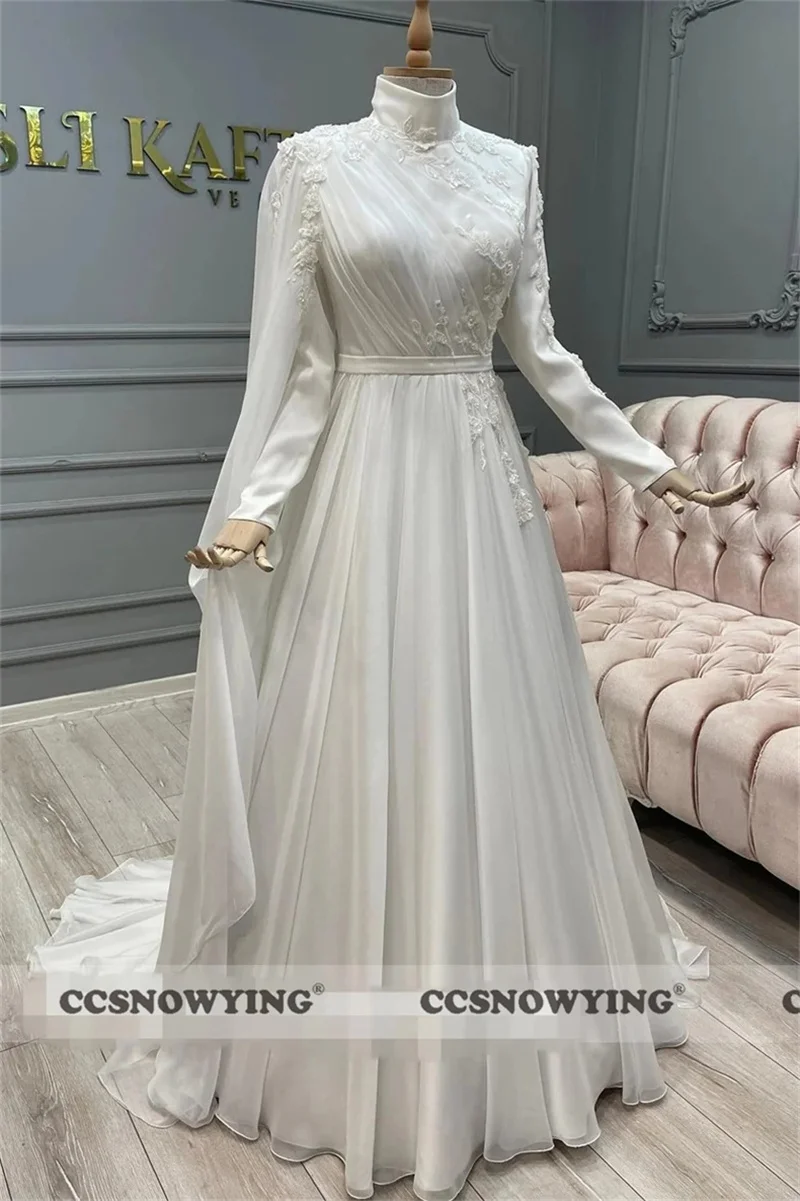

Chiffon Tiered Appliques Muslim Evening Dresses Long Sleeve Islamic Formal Party Gowns High Neck Women Arabic Robes De Soirée
