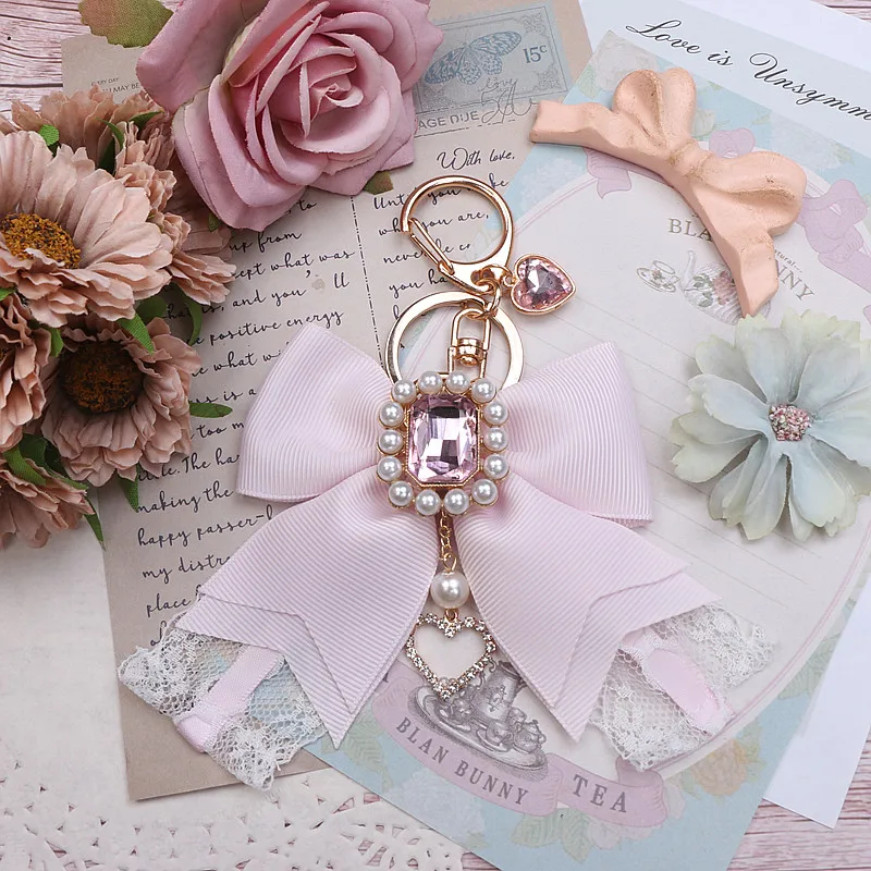 Handmade Japanese Style Girls Big Bow Rhinestone Lace Keychain Sweet Cute Handbag Pendants Lolita Keyrings Bag Charms