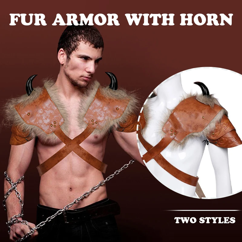 Warrior Armour Costume Cosplay Adult PU Leather Brown Fur Viking Shoulder Armor With Horn Halloween Carnival Party Costume Prop