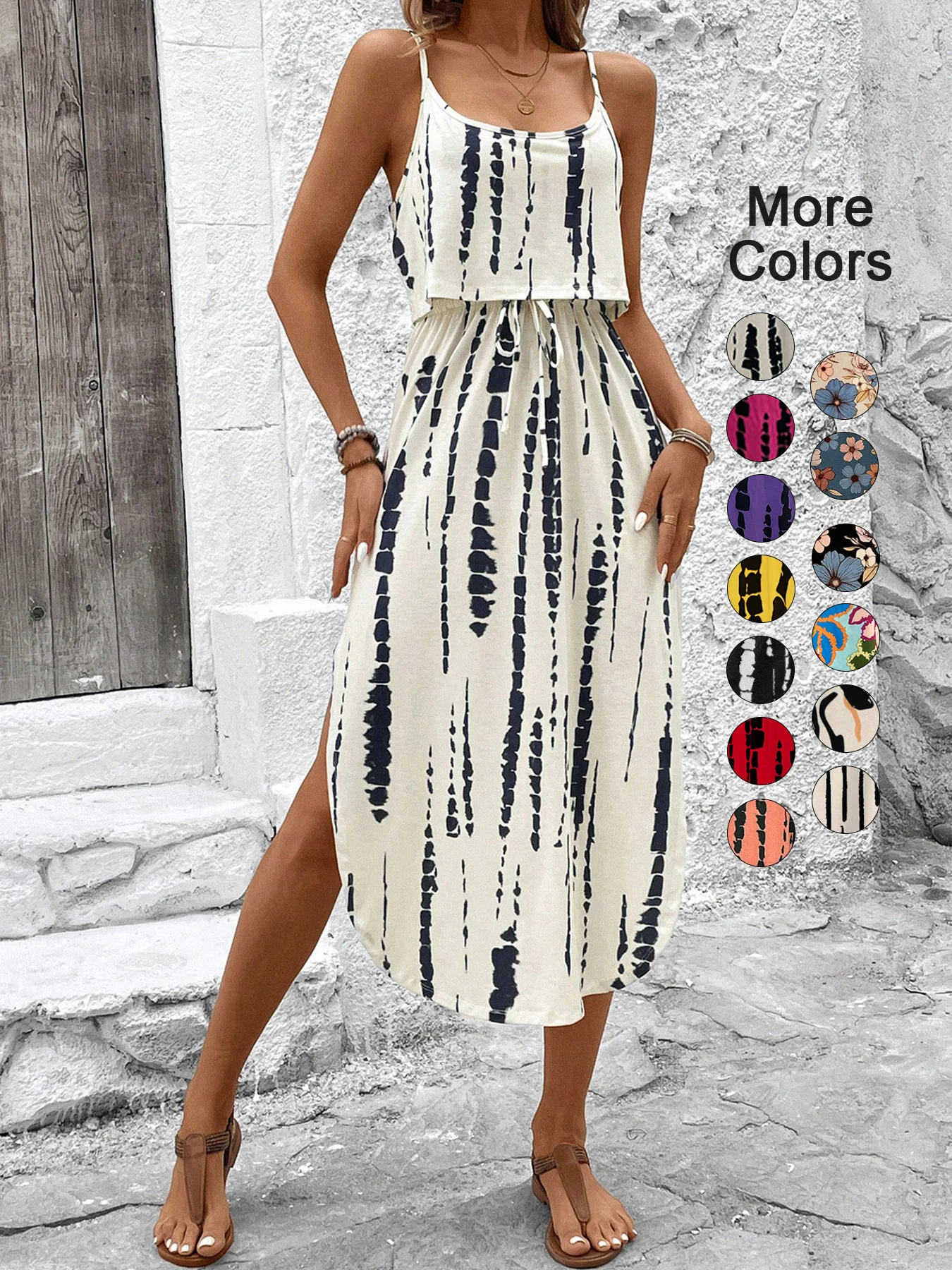 Women's Summer Spaghetti Strap Dress with Belt & Side Slit - Casual Sleeveless Flowy Dress 1